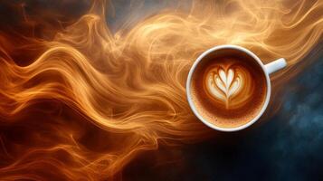 A cup of coffee with a heart shape on top of a fire photo