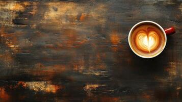 Coffee cup with heart shape on wooden background photo