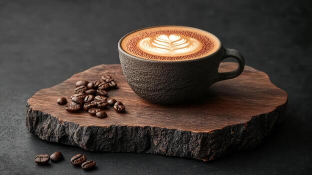 Coffee cup with latte art on a dark background photo