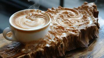 A cup of coffee on a wooden block photo