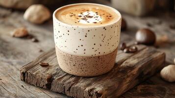 A cappuccino with whipped cream and nuts on a wooden table photo