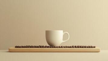 Coffee beans on a wooden tray with a cup photo