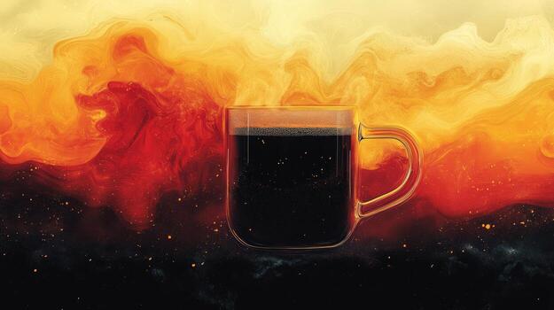 A glass of coffee with a red and orange background photo