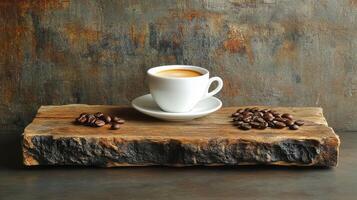 Coffee beans on a rustic table with a cup of coffee photo