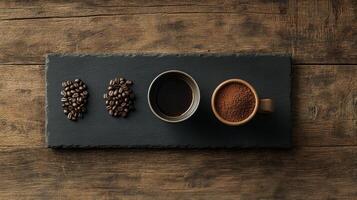 Coffee beans and a cup of coffee on a wooden table photo