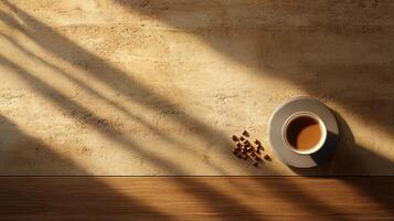 Coffee cup and beans on wooden table with shadows photo