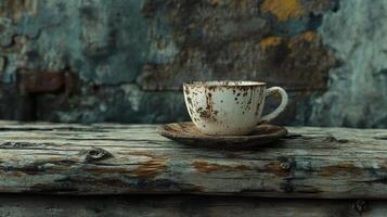 A cup of coffee sits on a wooden table photo