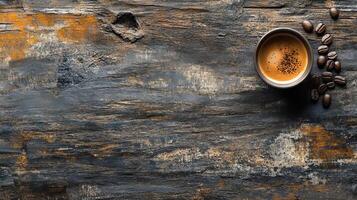 Coffee beans and cup of coffee on rustic wooden background photo