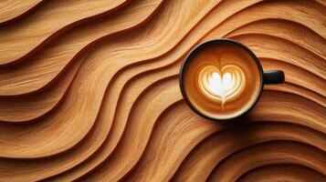 Coffee cup with heart shape on wood background photo