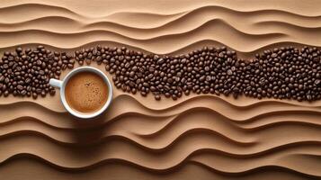 Coffee beans and cup on wavy background photo
