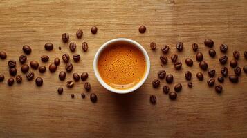Coffee beans on a wooden table photo