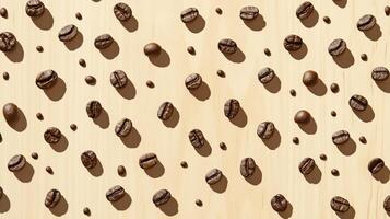 A pattern of coffee beans on a wooden surface photo