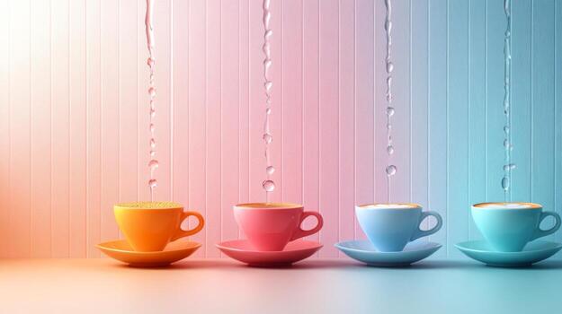 Colorful coffee cups with drops of water on a colorful background photo