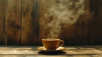 A cup of coffee on a wooden table with steam photo