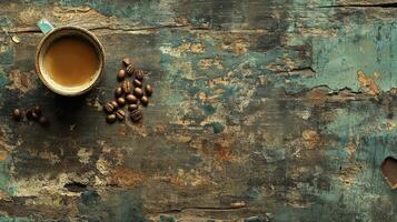 Coffee beans and a cup of coffee on a rustic wooden background photo