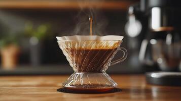 A pour over coffee filter on a wooden table photo
