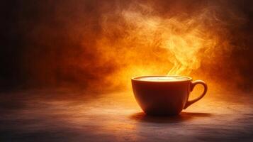 caliente café taza con vapor en oscuro antecedentes foto