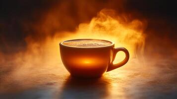 caliente café taza con vapor en oscuro antecedentes foto