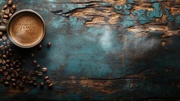Coffee beans and cup of coffee on wooden background photo