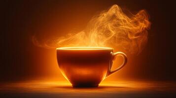 caliente café taza con vapor en un oscuro antecedentes foto