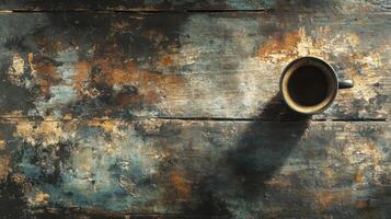 A coffee cup on a wooden table photo