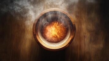 A bowl of hot water with smoke coming out of it photo
