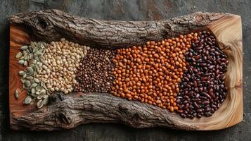 A wooden cutting board with beans, seeds and nuts photo