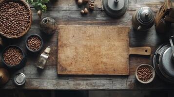 An old wooden cutting board with beans and other ingredients photo