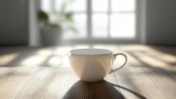 A white coffee cup sitting on a wooden table photo