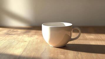 A white coffee cup sitting on a wooden table photo