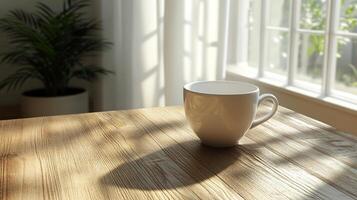 A coffee cup sitting on a table in front of a window photo