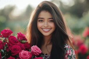 Young woman holding vibrant roses in a sunny garden during afternoon light photo
