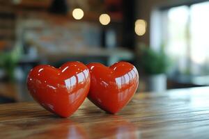 Two red hearts on a wooden surface with a soft bokeh background in natural light photo