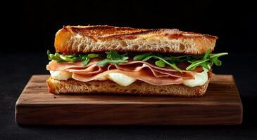 Delicious ham and arugula sandwich on toasted bread served on wooden board photo