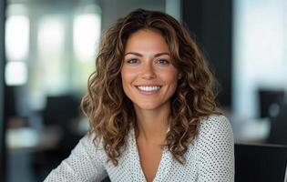Smiling woman with curly hair in an office setting during daylight hours photo