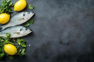 Freshly caught fish ready for preparation in a culinary setting on a stone surface photo