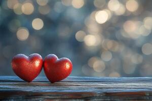 Two red hearts on a wooden surface with a soft bokeh background in natural light photo