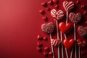 Colorful candy display with heart shaped sweets and lollipops on a vibrant red background photo