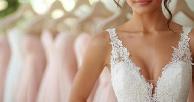 Stunning bride stands with bridesmaids in soft pastel dresses in a bridal shop setting photo