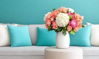 Comfortable living room setup with colorful flower arrangement and soft cushions photo