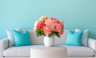 Comfortable living room setup with colorful flower arrangement and soft cushions photo
