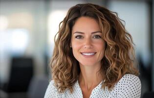 Smiling woman with curly hair in an office setting during daylight hours photo