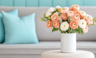 Comfortable living room setup with colorful flower arrangement and soft cushions photo