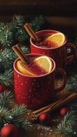 Warm holiday drinks served in red mugs with spices and orange slices on a festive background photo