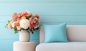 Comfortable living room setup with colorful flower arrangement and soft cushions photo