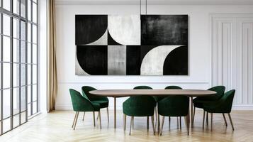 Modern dining area featuring minimalist black and white art and stylish green chairs photo