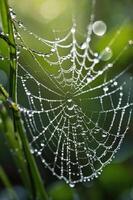 A close-up of a spider web adorned with dew drops, set against a blurred green background. photo