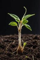 A young plant sprouting from rich soil, symbolizing growth and renewal. photo