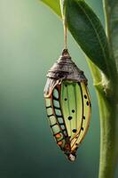 A close-up of a chrysalis hanging from a leaf, showcasing its intricate structure and colors. photo