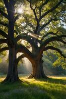 A serene forest scene featuring two majestic trees with sunlight filtering through the leaves. photo